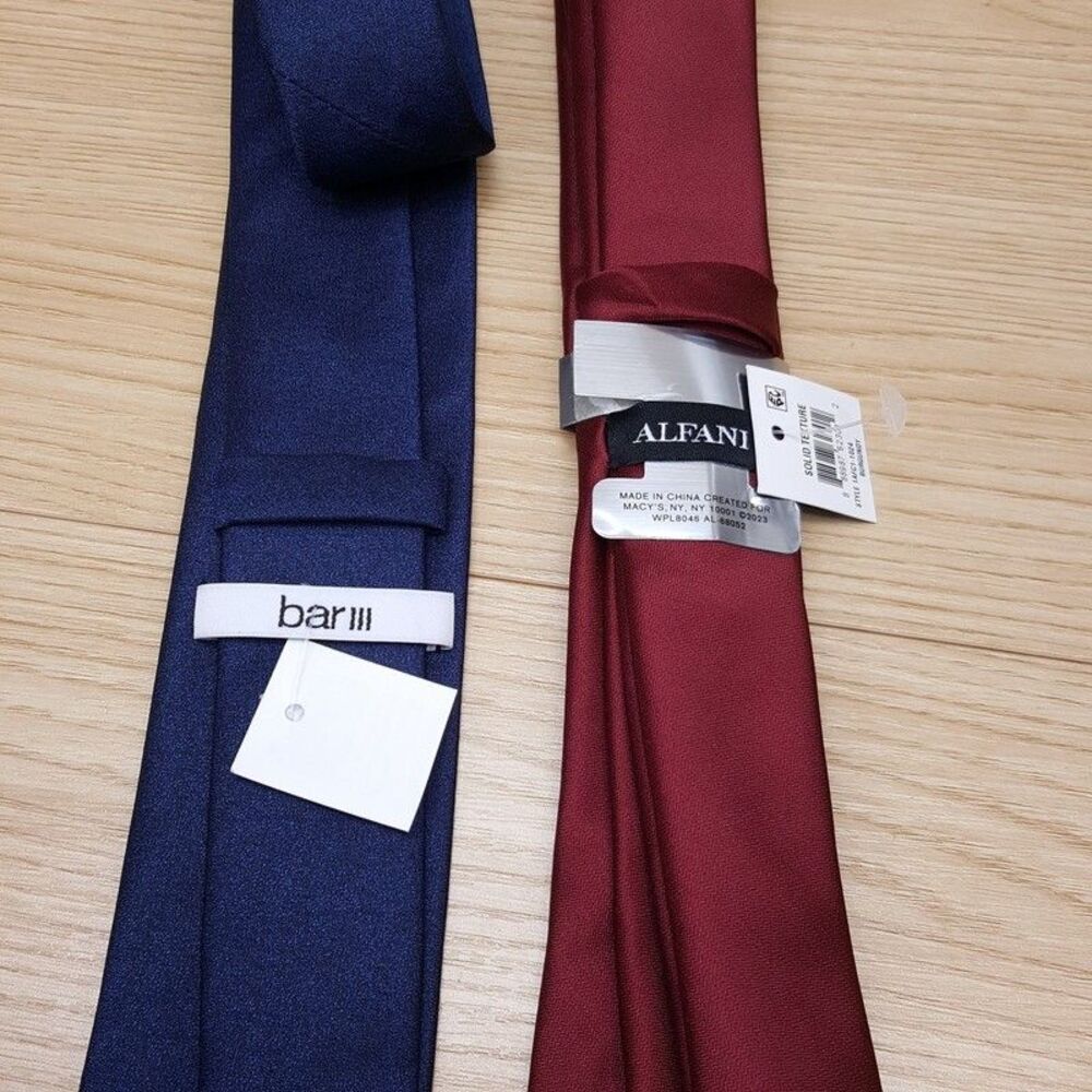 BAR ALFANI Mens Neck Tie Solid Navy Burgundy Slim Skinny Maroon Lot of 2 Necktie - Picture 3 of 6